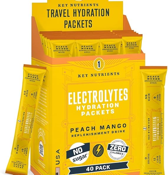 KEY NUTRIENTS Multivitamin Electrolytes Powder Packets - Tropical Peach Mango 40 Pack Hydration Packets - Travel Hydration Powder - No Sugar, No Calories