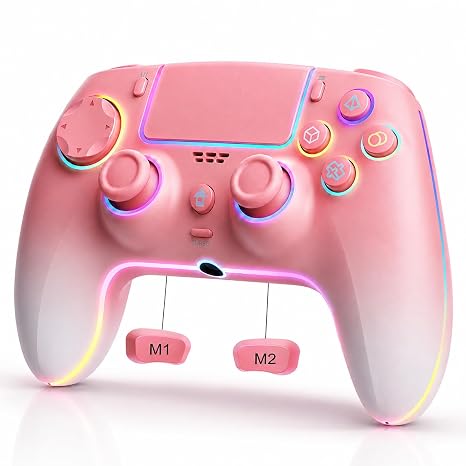 JUNHUAN Pink White Wireless Pro for PS5 Controller with Hall Effect joysticks & Triggers /Back Paddles/Motion Sensor/TURBO/Cool RGB/3.5mm Audio Jack - Built-in Speakers Support P-S5 Console Audio, Compatible with PlayStation 5/PC/Mac/iOS/Android/Steam Deck