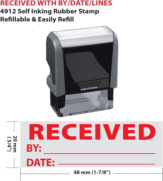 Received with by, Date, Lines 4912 Self Inking Rubber Stamp Red Ink
