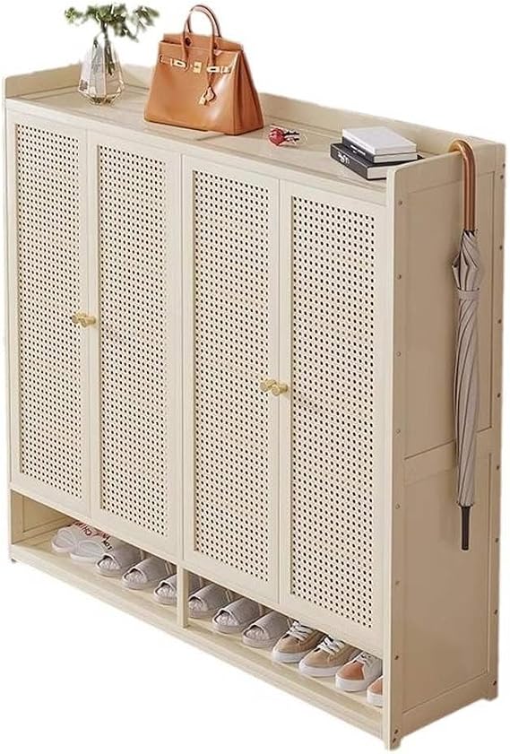 Freestanding Shoe Cabinet with Doors, 8 Tier Rattan Bamboo Shoe Storage Cabinet Hallway Shoe Storage Rack for Living Rooms, Bedroom, Depth 32cm,Cream