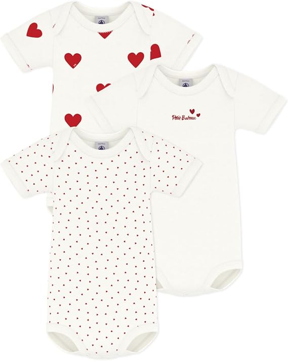 Petit Bateau Baby Girls' Short-Sleeved Heart Pattern Organic Cotton Bodysuits - 3-Pack STYLE A00BB SIZES 1-36 MONTHS ...