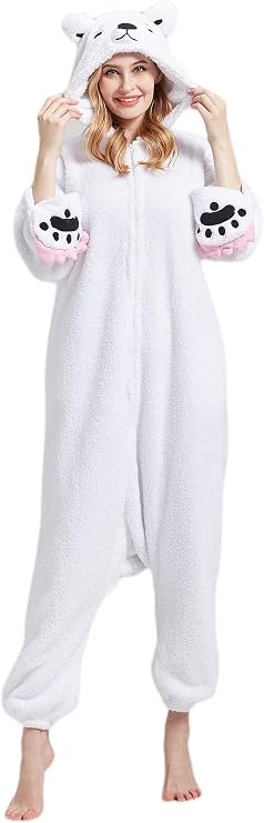 DarkCom Adult Polar Bear Onesie Women Men Pajamas Cosplay Halloween Costume | One Piece Sleepwear,Funny Onesie,Snuggle Homewear,Christmas Pajamas for Unisex Adult