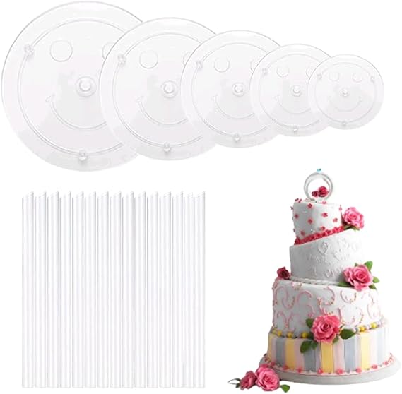 5 Pieces Cake Separator Plates Stands with 15 Pieces Clear Plastic Cake Dowel Rods,Cake Supports for Tiered Cake Stacking for 4, 6, 8, 10, 12 Inch Cakes.
