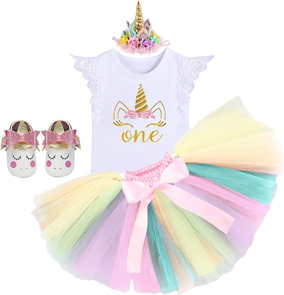 MYRISAM Baby Girls Birthday Cake Smash Unicorn Outfits Princess Romper Bodysuit Rainbow Skirt Unicorn Headband (Shoes)