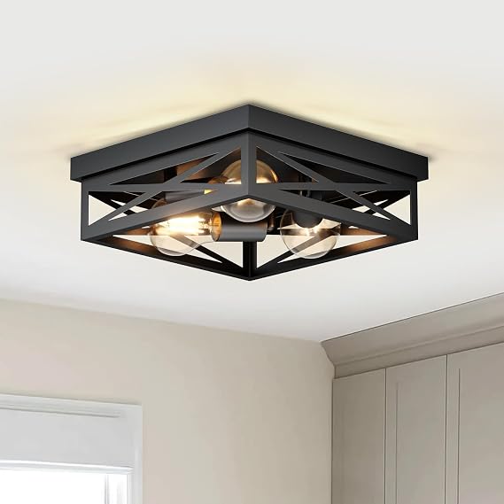 LVWIT Black Ceiling Lights,3 Way Kitchen Spot Ceiling Light Fitting with E27 Flush Light Fittings Ceilings,Square Hallway Ceiling Lighting,Chandeliers Ceiling Light for Bedroom,Living Room(NO Bulb)