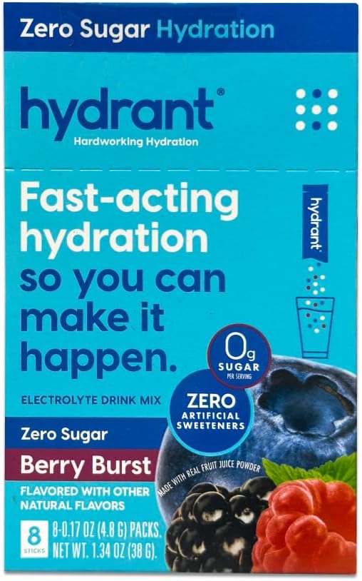 HYDRANT - Hydration Powder, Berry Burst Flavor, 8 Individual Sugar-Free Instant Electrolyte Rehydration Packets - Zero Sugar Drink Mix for Daily Use, Travel & Workouts