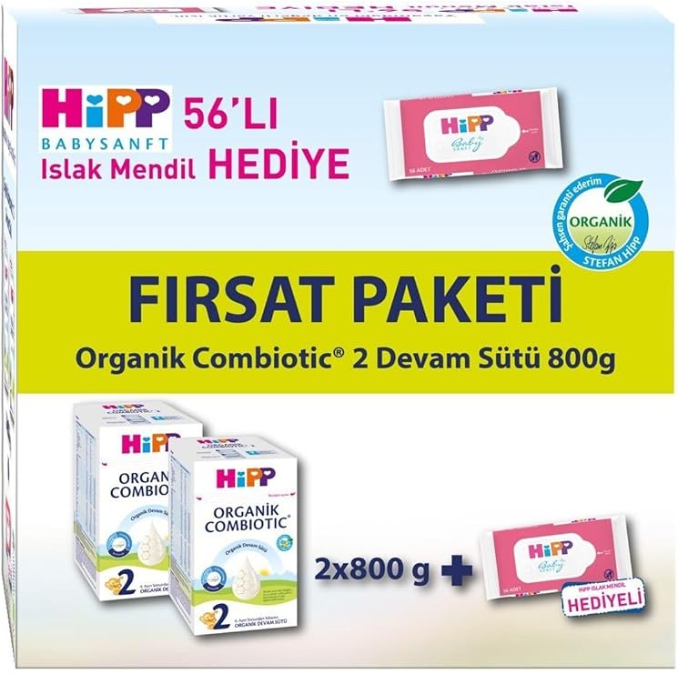 Hipp 2 Organik Bebek Sütü Combiotic 800 gr X 2 Adet Avantaj Paketi (Islak Mendil Hediyeli)
