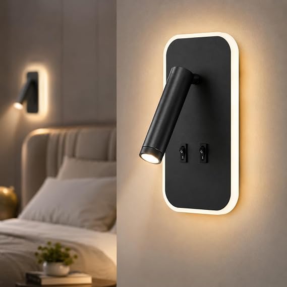 Tuvalu Siyah LED Duvar Apliği | 13W | 3200K Gün Işığı | Çift Anahtarlı – Çift Kademe Yanma | 930 Lümen | 220V | Yatak Başı Okuma Apliği | IP20 | 10x18x3 cm Modern Minimal İç Mekân Aydınlatma [Enerji Sınıfı G]