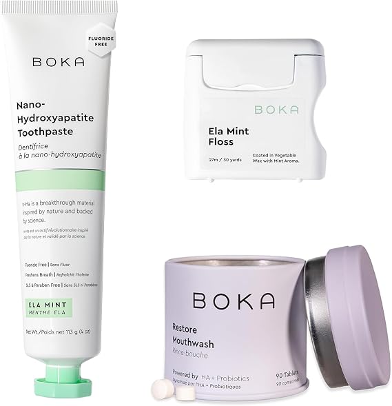 Boka Fluoride Free Toothpaste - Nano Hydroxyapatite - Ela Mint 4oz, Woven Dental Floss - Ela Mint and Mouthwash Tablets - Hydroxyapatite, Fluoride/Alcohol Free & Eco-Friendly
