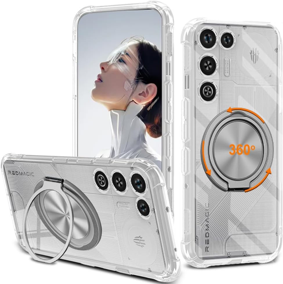 ZTE Nubia RedMagic 11 Air用電話ケース、360°回転可能なリングホルダーキックスタンド/スタンド 黄ばみ防止 透明4隅耐衝撃保護カバーケース RedMagic 11 Air6.8インチ用 - クリスタルクリア