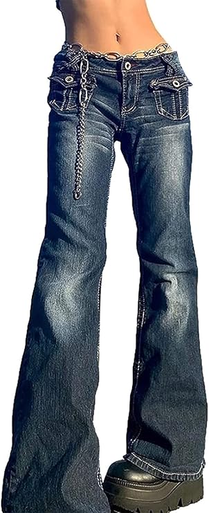 Gothic Vintage Cargo Jeans Wide Straight Leg Punk Aesthetic Grunge Baggy Pants 90s Low Rise Hippie Denim Pants For Women