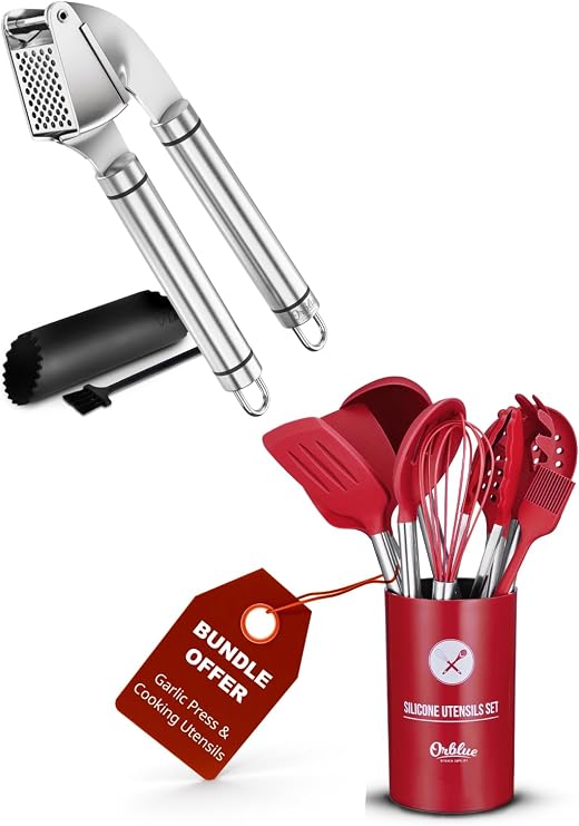 Essential Kitchen Duo: Stainless Steel Garlic Press & 14-Piece Cooking Utensils with Holder Red