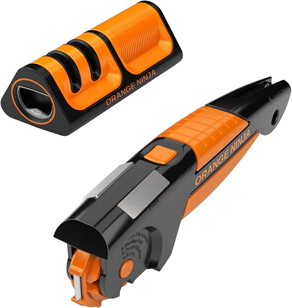 Orange Ninja Versatile Sharpening Bundle All-in-1 Sharpener for Lawn Mower Blades, Axes, Pruners & More, Plus Compact Mini Knife Sharpener with Bottle Opener & Fridge Attachment