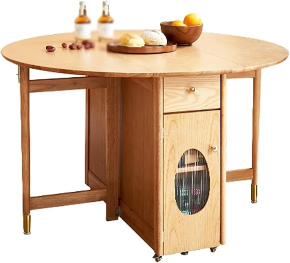 Folding Dining Table, Space Saving Farmhouse Dining Table with Storage, Multipose Expandable Kitchen Drop Leaf Table for Small Space(Natural,140x140x75cm)