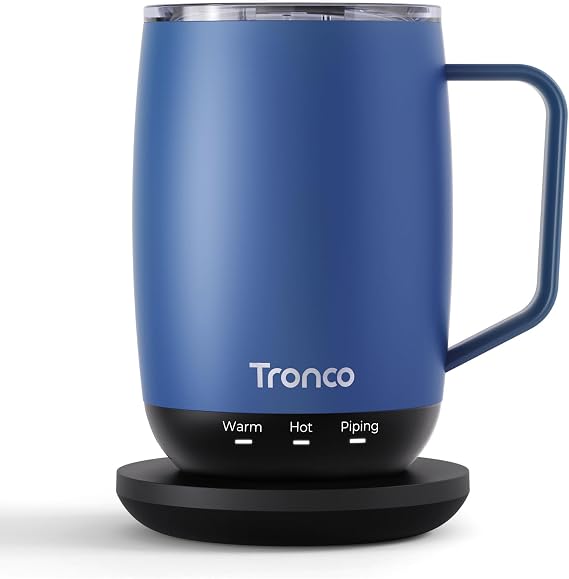 Tronco Temperature Control Heated Coffee Mug 14 oz Rechargeable Self-Heating Coffee Mug with Lid Manual Control, 3 Modes, 130 Min Battery Life, Auto Shut-Off (Blue)
