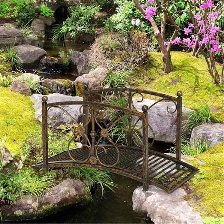 Bridge Metal Yard Arch Path Bridges,Metal Garden Bridge for Outdoor,40.25 Metal Arch Backyard Garden Bridges with Safety Siderails, Delicate Scrollwork, Easy Assembly, Brown