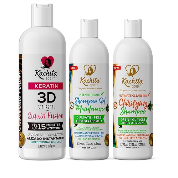 Kachita Spell Brazilian 3D Chocolate Keratin Treatment Kit 32 floz, Hair Blowout Treatment, Straightens and Smooths, Repairs, Conditions, Strengthens, Sulfate Free, No Salt, No Paraben, Made in USA