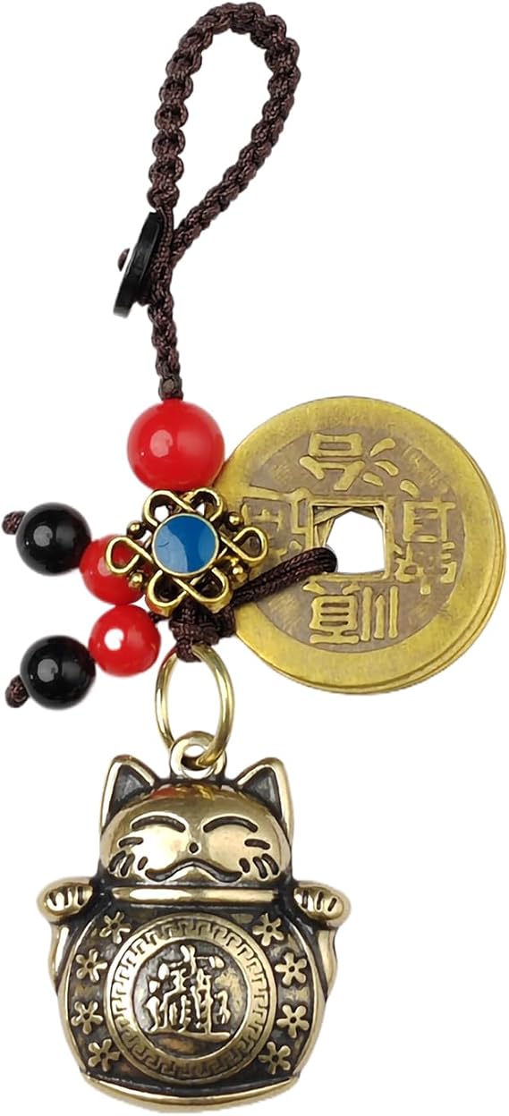 FAZOVIN Vintage Brass Maneki Neko Lucky Cat Keychain with 5 Chinese Feng Shui Coins for Wealth Good Luck Key Ring Lucky Charm Tassel