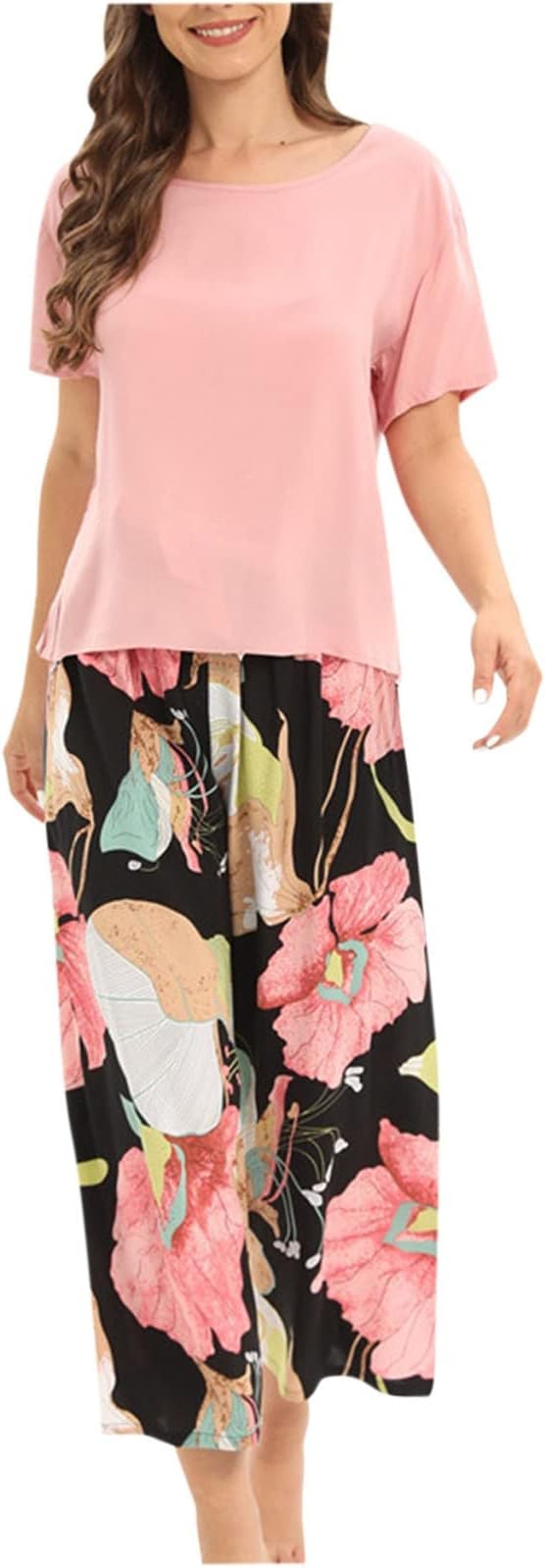 Womens 2 Piece Pajama Sets Cotton Short Sleeve Shirt with Long Pajama Pants Floral Soft Sleepwear Loungewear Sets