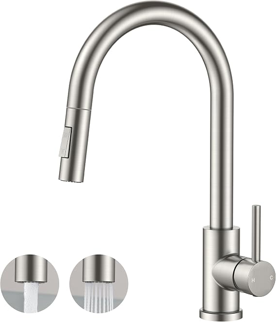 FORIOUS Kitchen Faucet, 2-Mode Pull Down Sprayer, Classic Stainless Steel