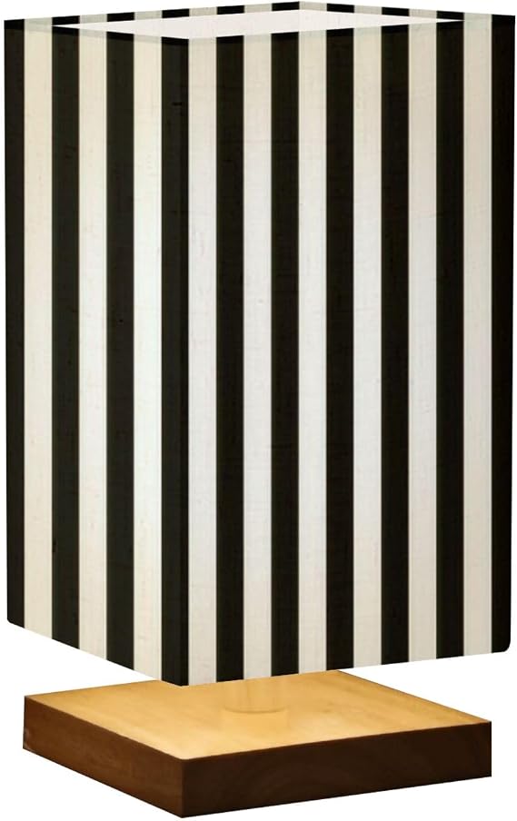 Minimalist Bedside Table Lamp Striped Black White Dimmable Nightstand Lamp Square Wood Base Flaxen Fabric Shade Desk Lamp for Bedroom Living Room