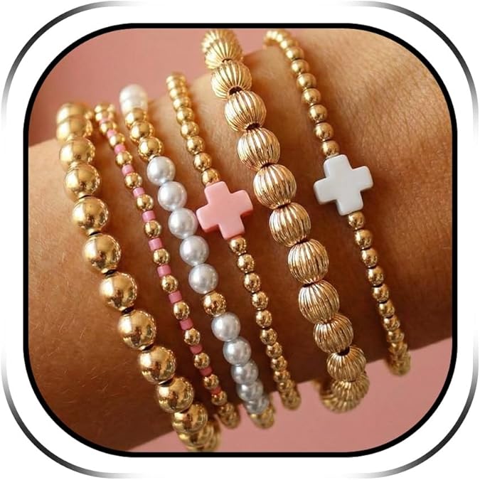 Long tiantian Gold Beaded Bracelets for Women Cross Stretch Bracelets Set Colorful Stackable Bracelet Non Tarnish Trendy Jewelry Gifts