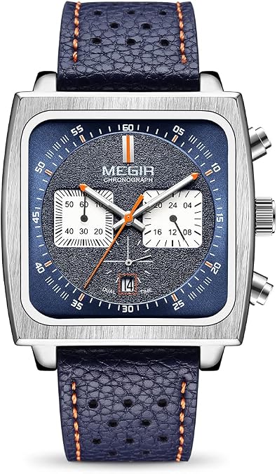 MEGIR Men's Rectangle Business Work Analogue Quartz Chronograph Luminous Sport Wrist Watch with Leather Strap 2182 Blue