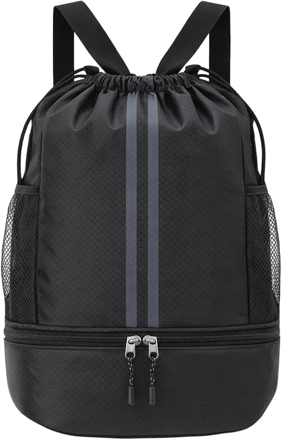 Drawstring Backpack Gym Bag, Waterproof String with Shoe Compartment, Black
