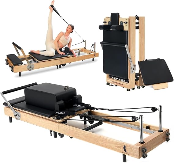 Airlithe Foldable Wooden Pilates Reformer for Home, 70+ Guided Workouts