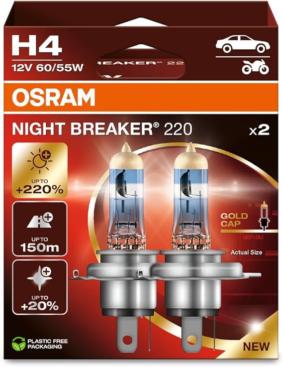 Osram H4 Night Braker 220 Ampul, 12V,%220 Fazla Işık, 2'li Paket
