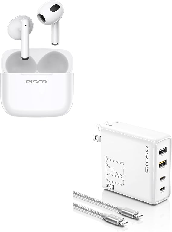 PISEN Wireless Earbuds in-Ear Headphones 120W USB C Charger, PPS 4-Port GaN USB C Charger Block Fast Charging with 6FT USB-C to C Cable & Bluetooth 5.3 Deep Bass Hi-Fi Stereo Ear Buds with Mic