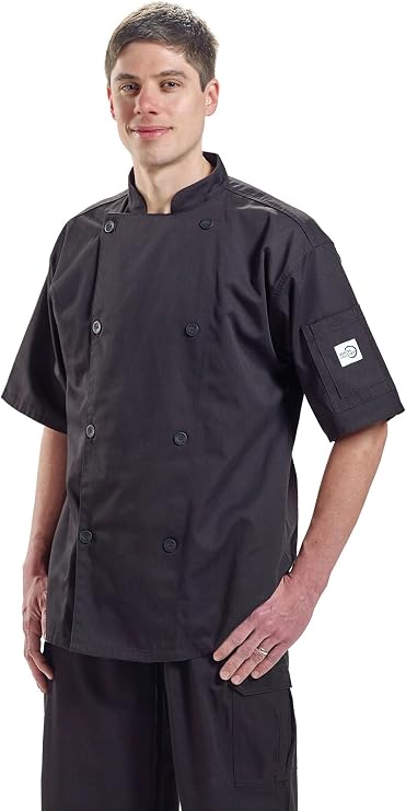 Mercer Culinary M61012BKXS Genesis Men's Short Sleeve Chef Jacket with Traditional Buttons, X-Small, Black