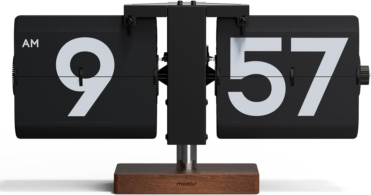 Mooas Classic Modern Wood Big Flip Desk Clock Black, Retro Vintage Analog Design Auto Flip Clock Table Clock with Large Capacity Battery, Ideal for Home, Office, School, Hotel, Cafe