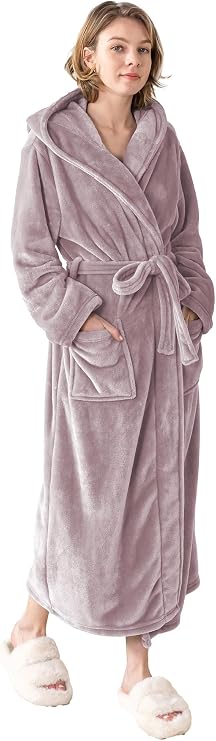 Robes for Women - Hooded Plush Fleece Bathrobe with Sash & Pockets, Full-Length Lightweight Spa Robe