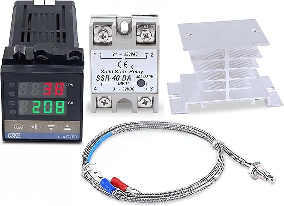 ONECM Digital 220V PID REX-C100 Temperature Controller + max.40A SSR+K Thermocouple PID Controller Set + Heat Sink (Color : Set 4 White)