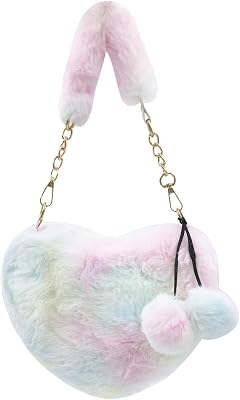 Cute Heart Faux Fur Crossbody Bag for Women Girls Fluffy Tie Dye Plush Shoulder Handbag Clutch Purse with Pompom