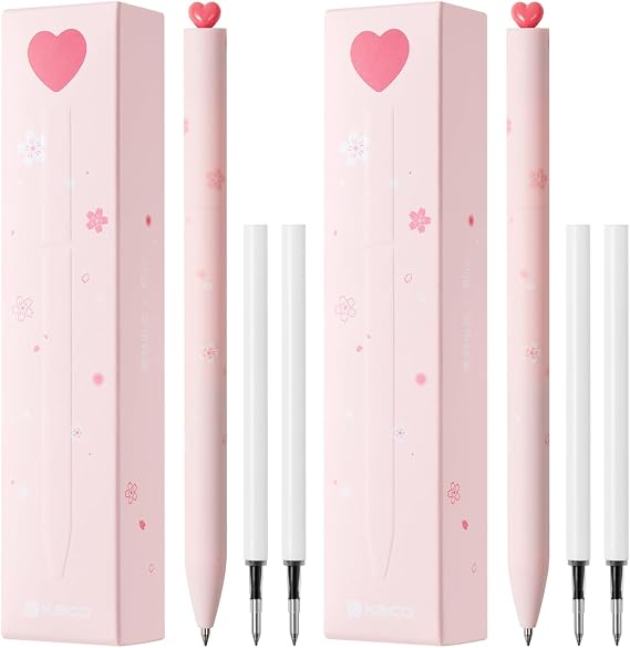 Kaco FIRST Gel Pens 2 Pieces Cute Heart Pen Set with 4 Black Refills 2 Pink