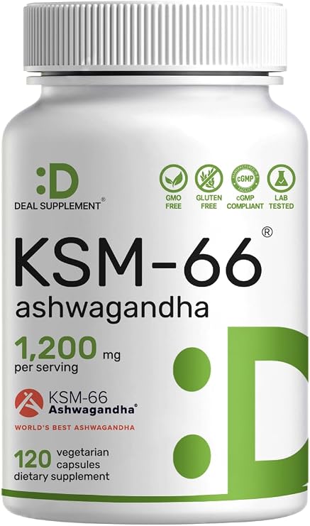 KSM 66 Ashwagandha 1,200mg with Black Pepper, 120 Veggie Capsules Extra Strength Root Extract High Absorption Adaptogenic Supplements for Relaxation, Energy, Brain Health Non-GMO