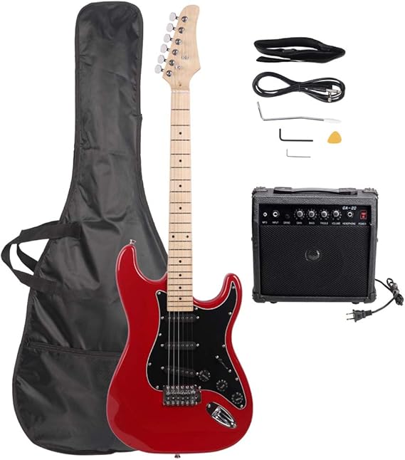Full Size Electric Guitar Kit,39 Inch Beginner Electric Guitar,Complete Electric Guitars Set with Bag, Strap, 20W Amplifier, Power Wire, Wrench Tool,Tremolo Bar and Plectrum,Red