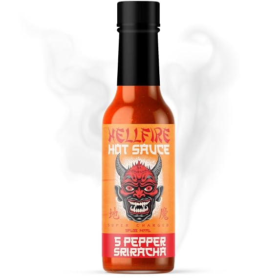 Hellfire 5-Pepper Sriracha Hot Sauce Garlic-Forward, Smoky & Complex Flavor with Jalapeno, Cayenne, Habanero, Ghost Pepper & Carolina Reaper 5oz Bottle