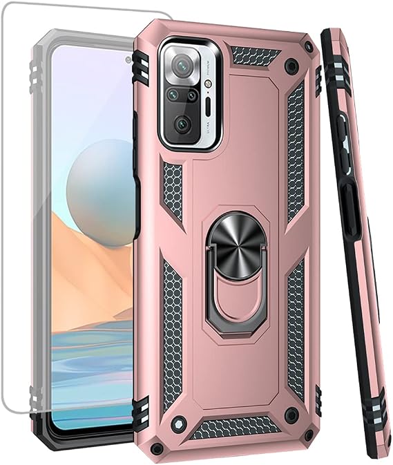 Redmi Note 10 Pro/Note 10 Pro Max用ケース 強化ガラススクリーンプロテクター付き ミリタリーグレード 磁気カーリングマウントホルダー 保護カバー ケース Xiaomi Redmi Note 10 Pro用 ローズゴールド