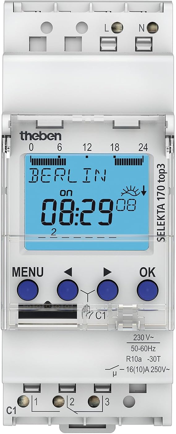 Theben 1700130 Selecta 170 top3 Astro Timer - Digital 1-Channel Weekly Switch with App Programming DIN/DIN Rail Display 10 Year Power Reserve Made in Germany