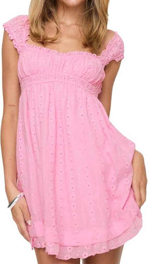 Women Ruffle Mini Dress Lace Strap Square Neck Babydoll ShortDress Sleeveless Flowy Mini Dress Y2K Swing Sundress