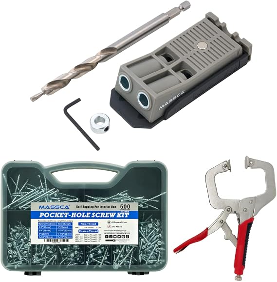 Massca Twin Pocket-Hole Jig Set + 500 Pocket-Hole Screws + (1) 11'' Locking Face Clamp