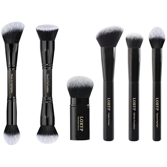 LORYP Black Makeup Brushes 2Pcs Duo End Foundation Powder Brush Set with 4 Pcs Full Face Professional Makeup Brushes Set