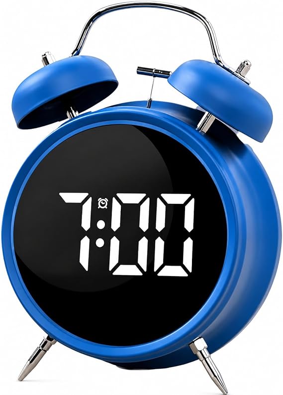 Coverzone Çift Çanlı Dijital Alarm Saati – 70dB Yüksek Sesli, LED Ekranlı, Sıcaklık ve Tarih Gösterimli, Sessiz Çalışma, Gece Işıklı, Sesle Kontrol, Retro & Modern Tasarım | HL-8891A (Mavi)