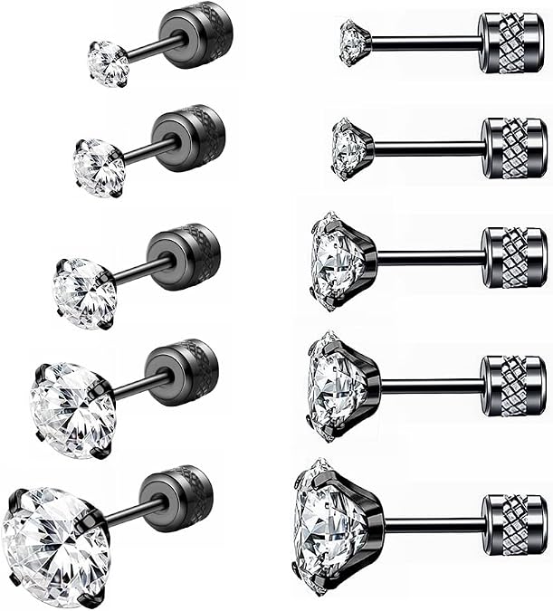 5 Pairs Screw Back Earrings Stainless Steel Cubic Zirconia Stud for Women | Hypoallergenic Double Sided Ear Ringing for Men Cartilage Tragus Earring Piercing Sleeper Jewelry 2-6mm for Sensitive Ears