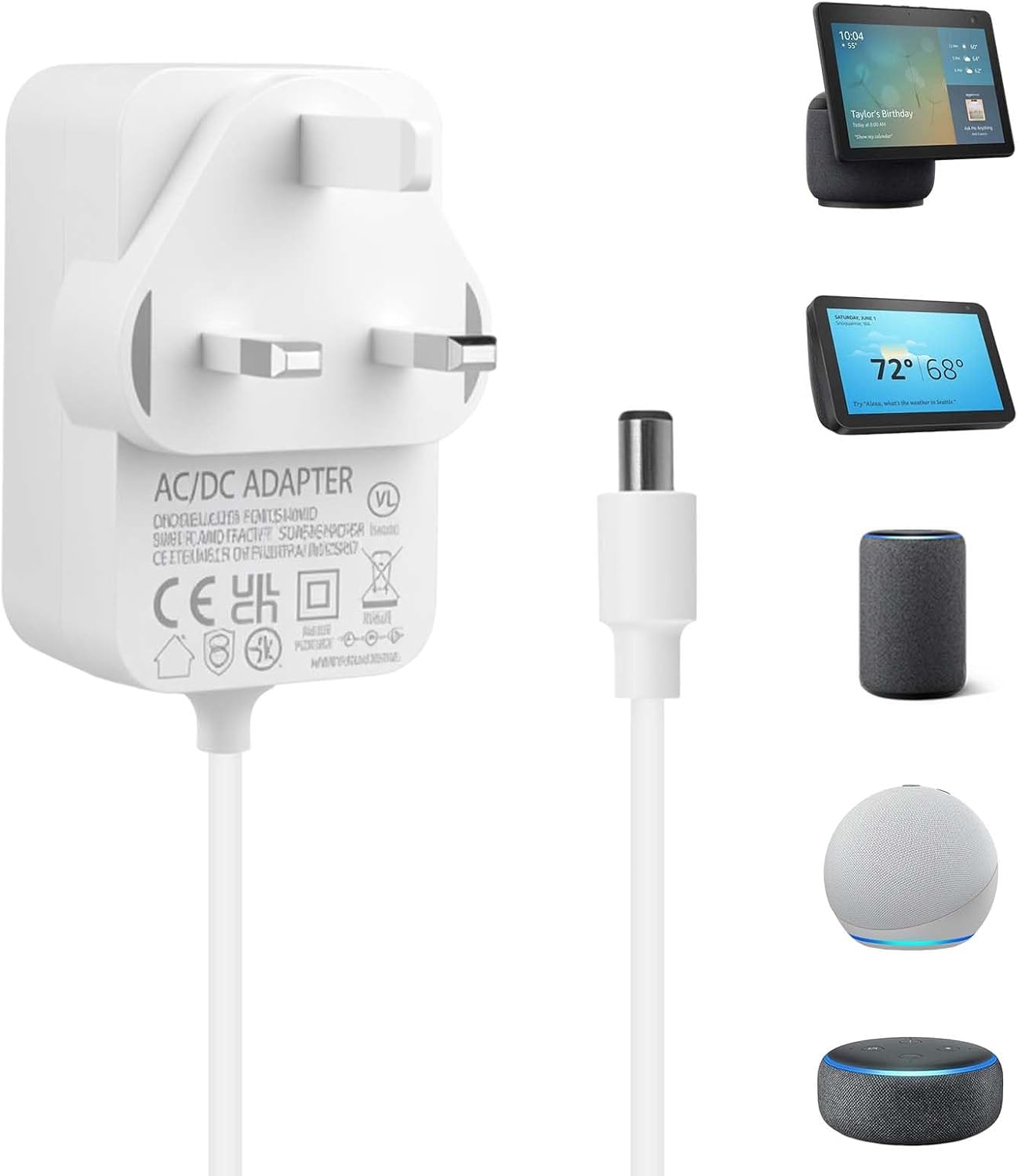 30W Power Adapter for Echo Show 15 8 10 21 18V 1.67A Replacement Charger for Echo (3rd/4th Gen) Echo Plus (2nd Gen) 6.3x2.5mm Plug with 1.5M Cable White