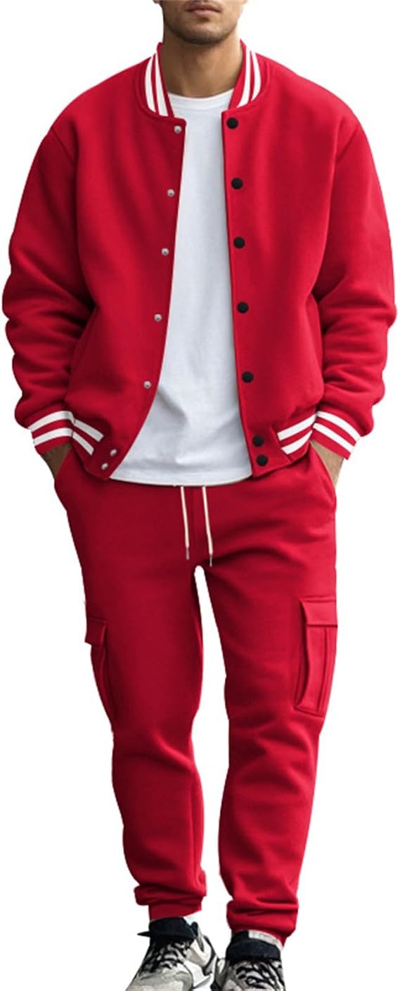 Men's Casual Active Tracksuits Trendy Bomber Jacket Letterman Varsity Jackets Cargo Joggers Sweatpant Matching Sets