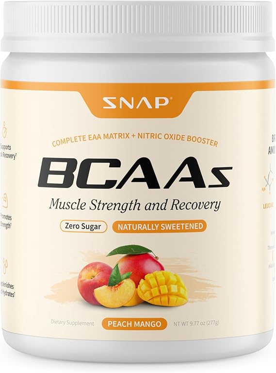 Snap Supplements BCAA Powder - 5g Vegan Branched Chain Amino Acids (2:1:1 Leucine Isoleucine Valine) + Essential Amino Acids with Nitric Oxide Booster, 30 Servings, Peach Mango